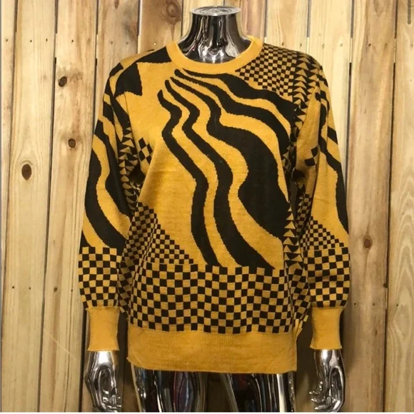 Vintage Mustard and Black Checkered Wavy Pattern Sweater - Picture 1 of 3